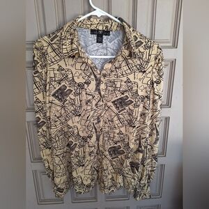 80 Park Blouse SzM Tan/Brn Collar Elastic Cuffs Polyester Spandex Graphic Print